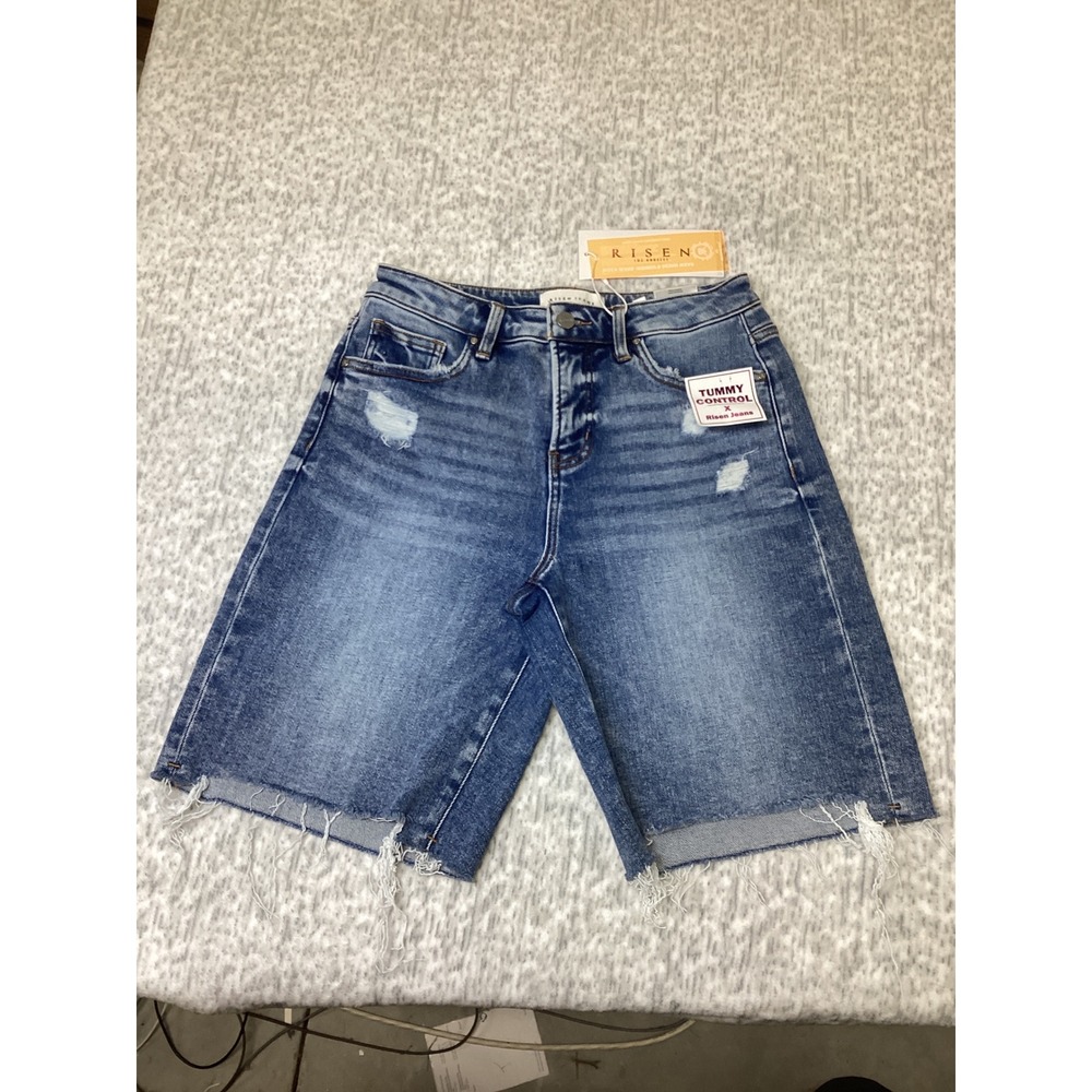 Risen Jeans Women XL Slouch Bermuda Shorts Tummy Control Distressed Medium Wash